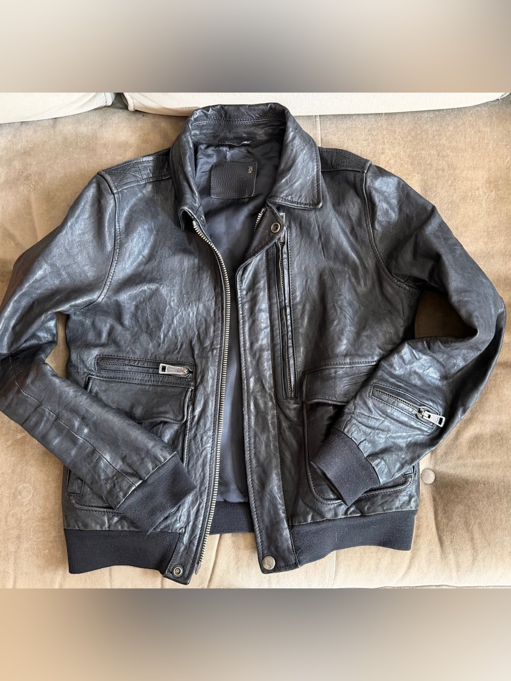 R13 Black Leather Bomber Moto Jacket 100% Leather Size S